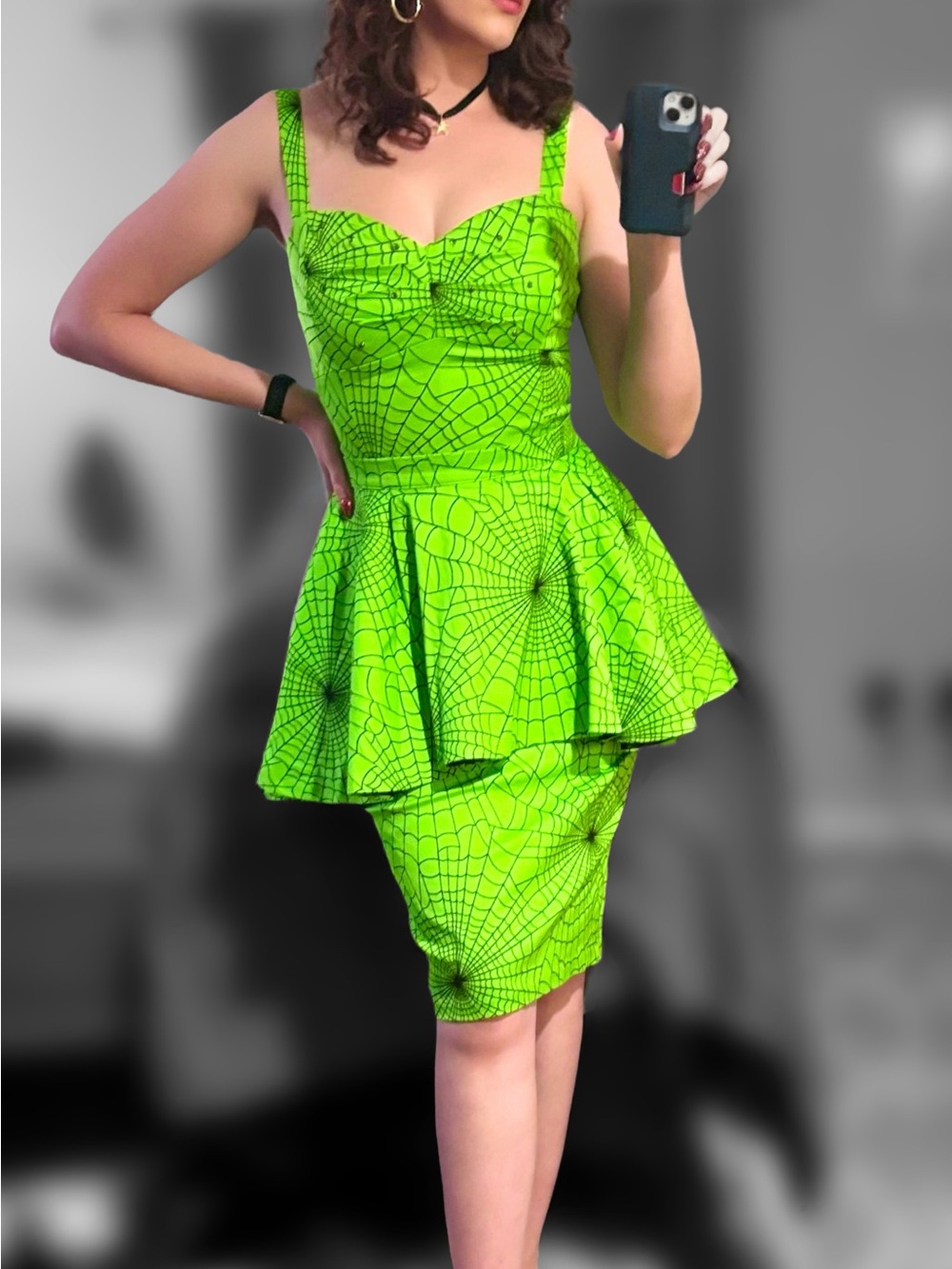Glamour Girl Peplum Dress Slime Green & Black Spiderweb- Vixen by Micheline Pitt - Picture 2 of 2